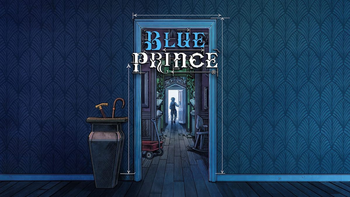 Key art for Blue Prince showing character through multiple doorways, with regal wallpaper, umbrella container, red wagon, and other mysterious objects.