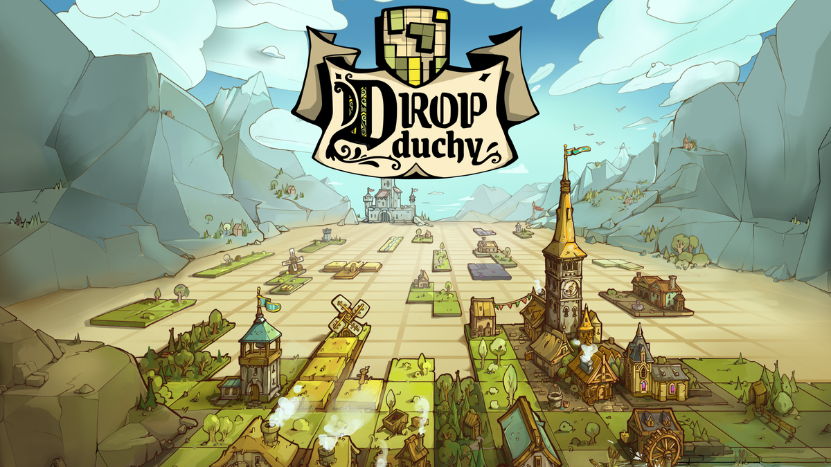 Drop Duchy loading screen with several pieces of green farm land, a bell tower, and mountains surrounding the board.