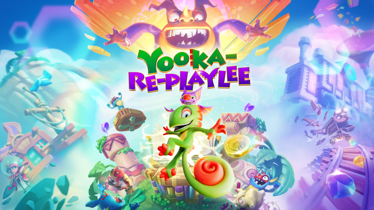 Yooka and Laylee jumping with coins and treasures around them. Above them is Capital B with crooked teeth laughing.