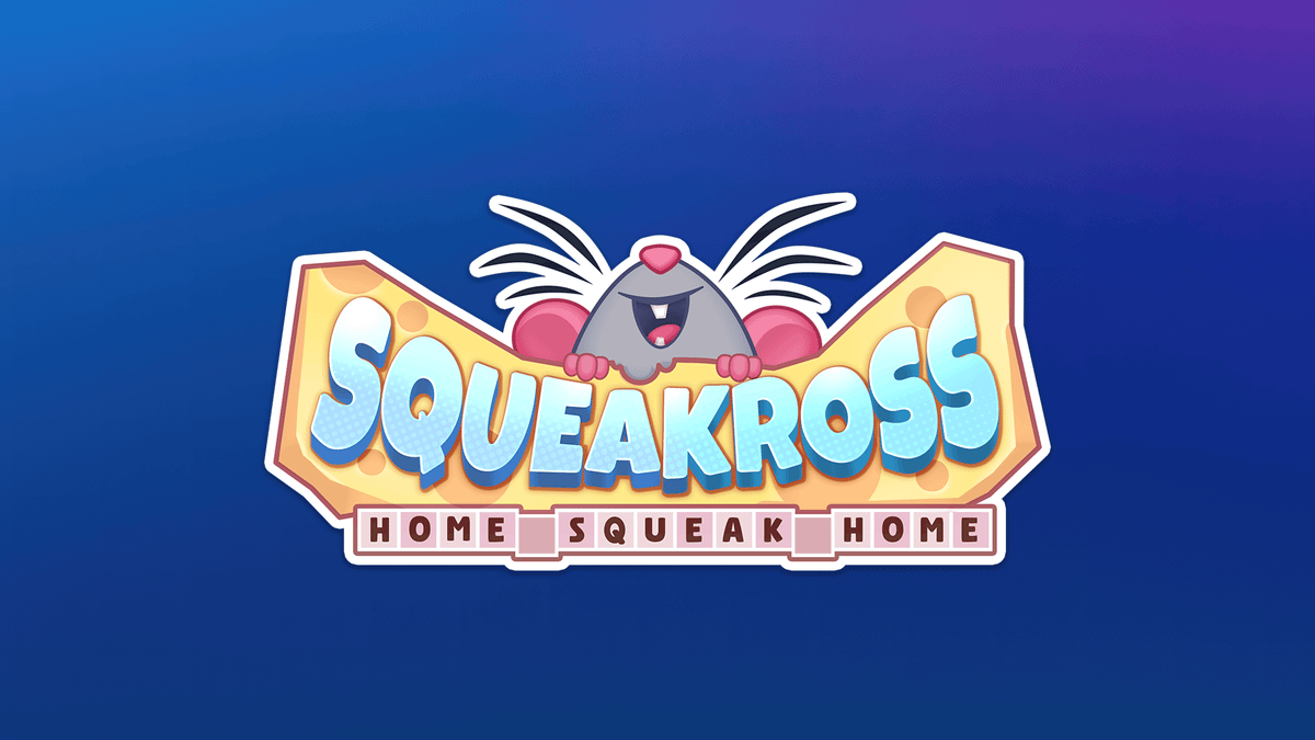 Squeakross: Home Squeak Home logo with a gray mouse holding cheese.
