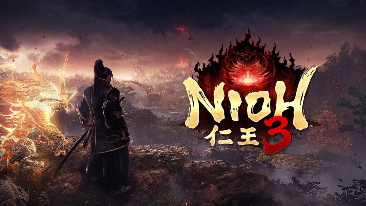 A samurai with a long ponytail overlooks the land of Japan. In the center is the Nioh 3 logo.