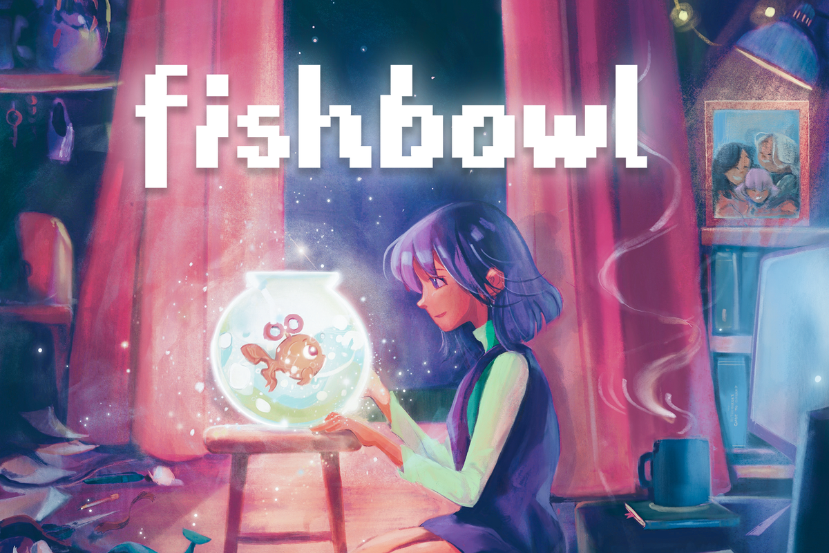 Alo, a purple-haired girl kneels in front of a glowing fishbowl with an orange fish inside named Paplet. Around her are red drapes, a mug, and a family portrait that includes her family..