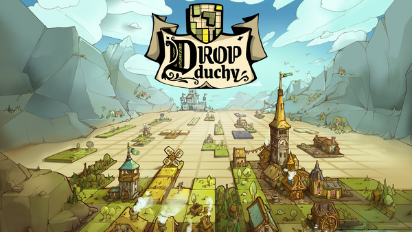 Drop Duchy loading screen with several pieces of green farm land, a bell tower, and mountains surrounding the board.