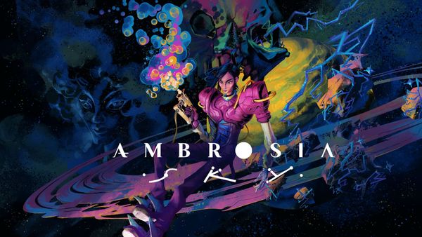 Dalia, a young brown woman with dark hair, sits in space above the rings of Saturn with a myriad of colorful bubbles sprouting from her gun.