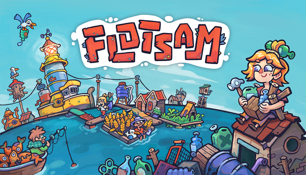 The *Flotsam* logo features a blonde woman holding a toolbox while sitting on the roof of a shack. In the corner, there’s a fisherman, a farmer, and a seagull carrying a plastic bottle.