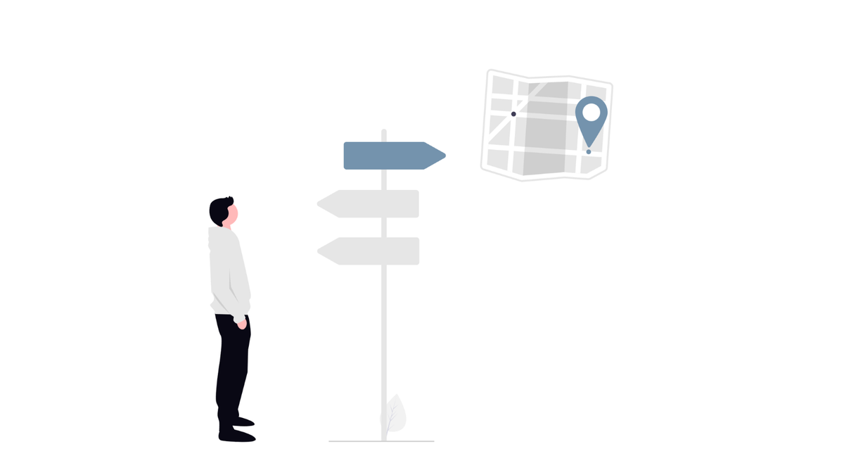 Person looking at signpost. Top sign pointing to the right is blue, while the other two, pointing left are light gray. 