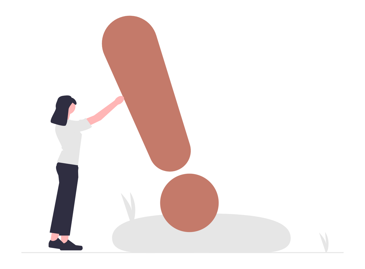 Woman pushing a large exclamation point into an upright position