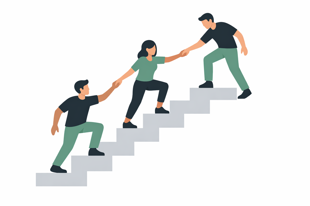 Three figures, leading each other up a set of stairs.
