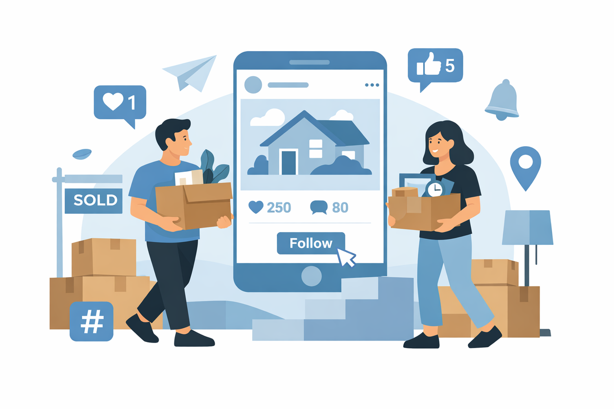 A couple moving with boxes and the image of a home on a smartphone between them.
