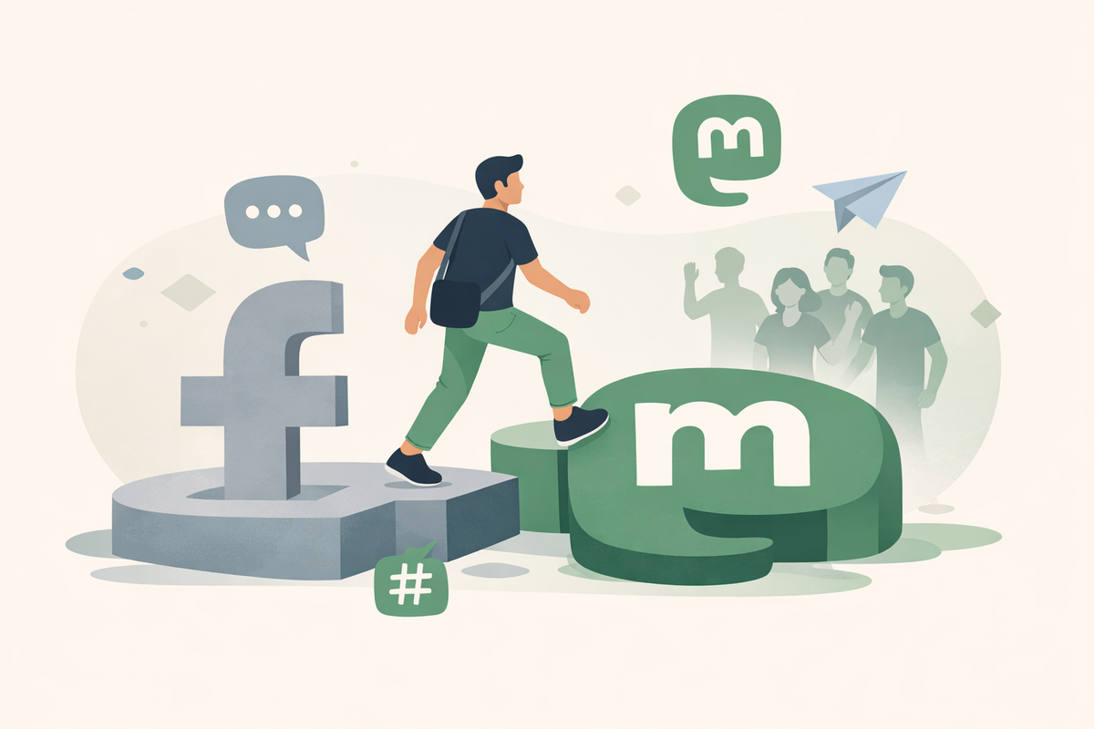 A person stepping from a grayed-out platform with a Facebook logo to a sage green platform with the Mastodon logo.