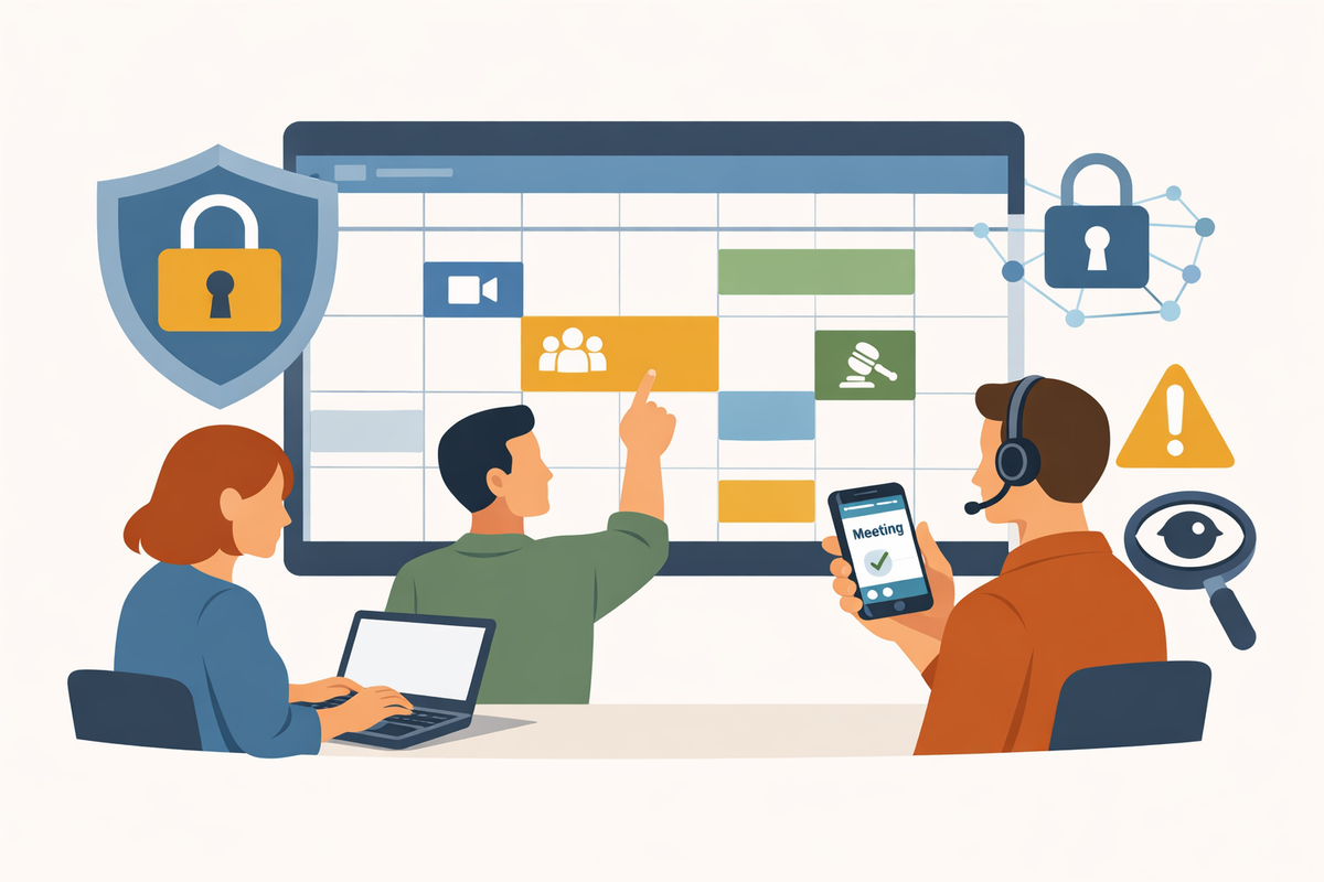 Three organizers at a shared calendar screen with video, group, and legal icons, flanked by lock and shield icons on one side and warning and privacy-eye icons on the other.