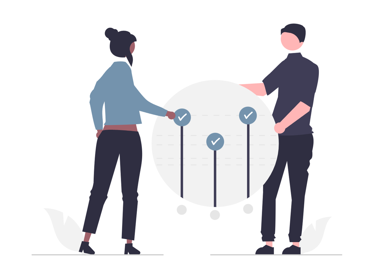 Two people facing a circle with three shared goals, represented by checkmarks