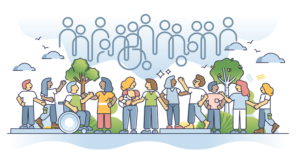 The Community Playbook cover image. A line drawing of happy people conversing on a sidewalk with an abstract image of connected people in the clouds above.