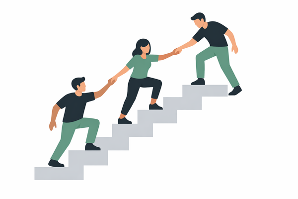Three figures, leading each other up a set of stairs.