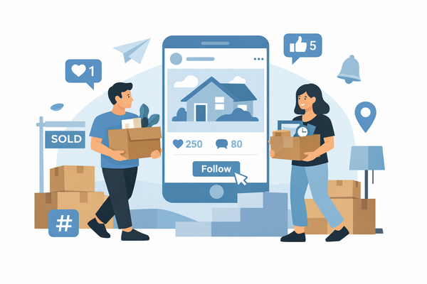 A couple moving with boxes and the image of a home on a smartphone between them.