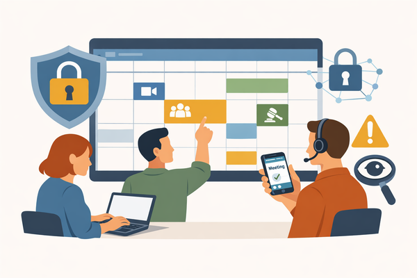 Three organizers at a shared calendar screen with video, group, and legal icons, flanked by lock and shield icons on one side and warning and privacy-eye icons on the other.