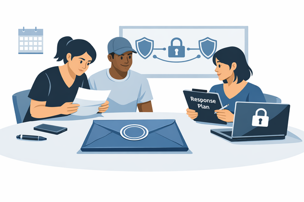 Team of three people reviewing their security response plan after receiving a subpoena