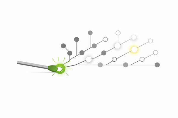 A matchstick igniting a network of connected nodes.