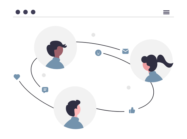Three people connected by circles with messages, email, and emojis.