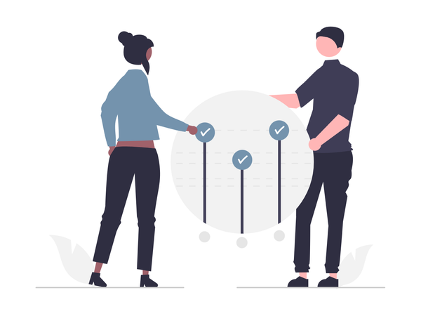 Two people facing a circle with three shared goals, represented by checkmarks