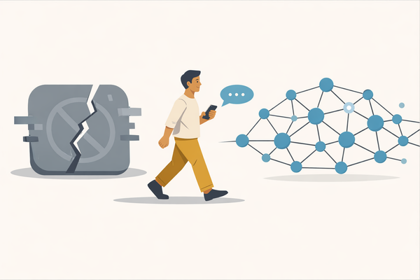 A figure walking away from a cracked, locked vault door toward a glowing blue distributed network.