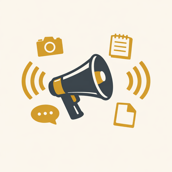A megaphone surrounded by documentation and communication icons — a camera, notepad, document, and speech bubble — in muted gold on a cream background.