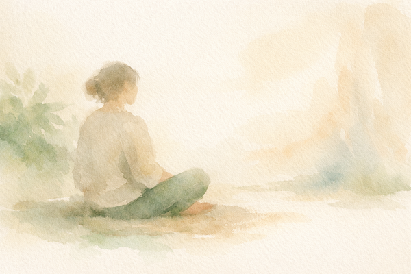 Watercolor illustration of a solitary figure seated cross-legged, seen from behind, looking outward into soft warm light. Muted sage, cream, and gold tones. Quiet and contemplative.