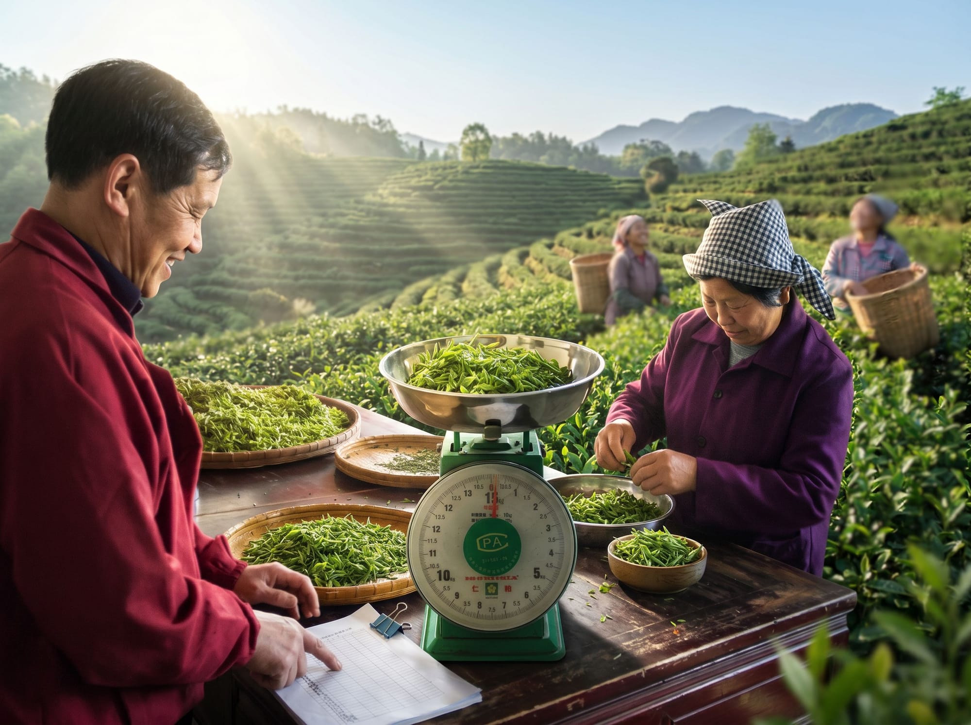 Recording and weighing fresh tea leaf harvest directly with farmers