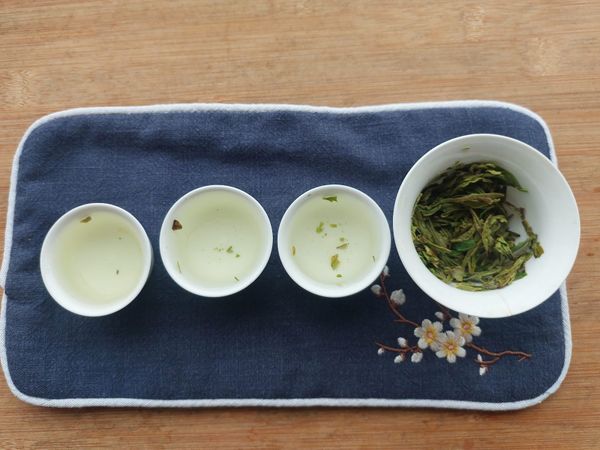 A gaiwan with tea leaves with three small cups of tea