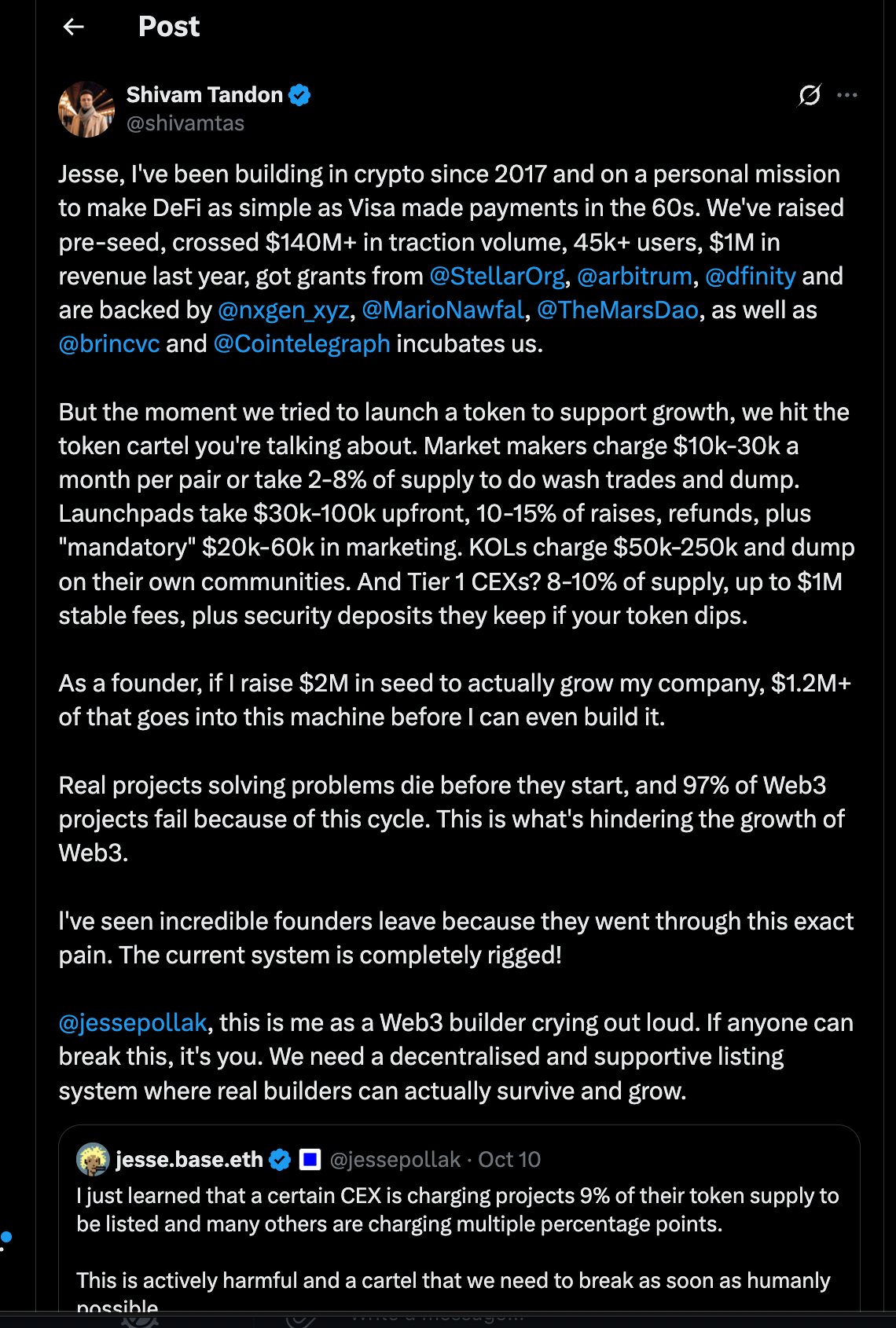 Tweet from Shivam Tamhane detailing CEX listing fee quotes from multiple exchanges