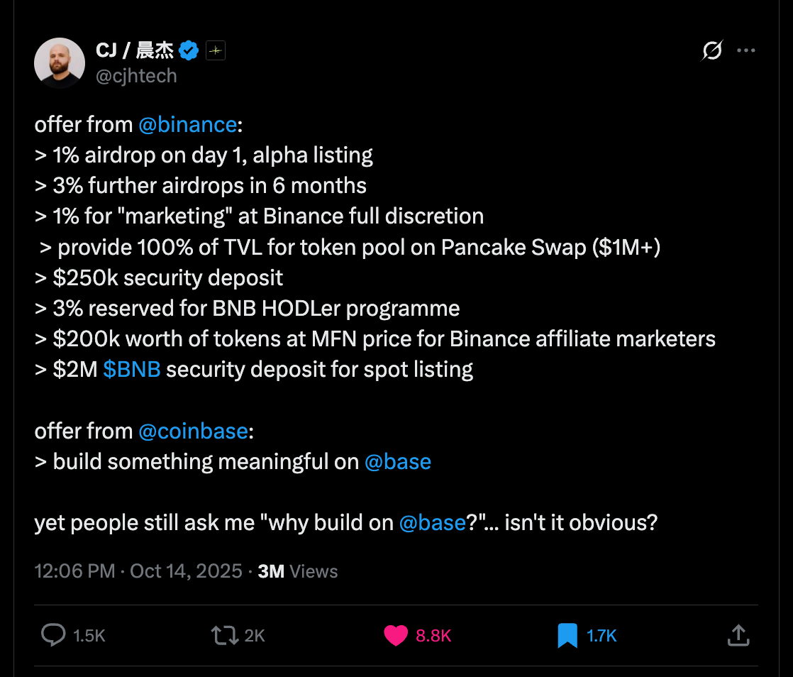 CJ Hetherington tweet leaking Binance Alpha listing terms
