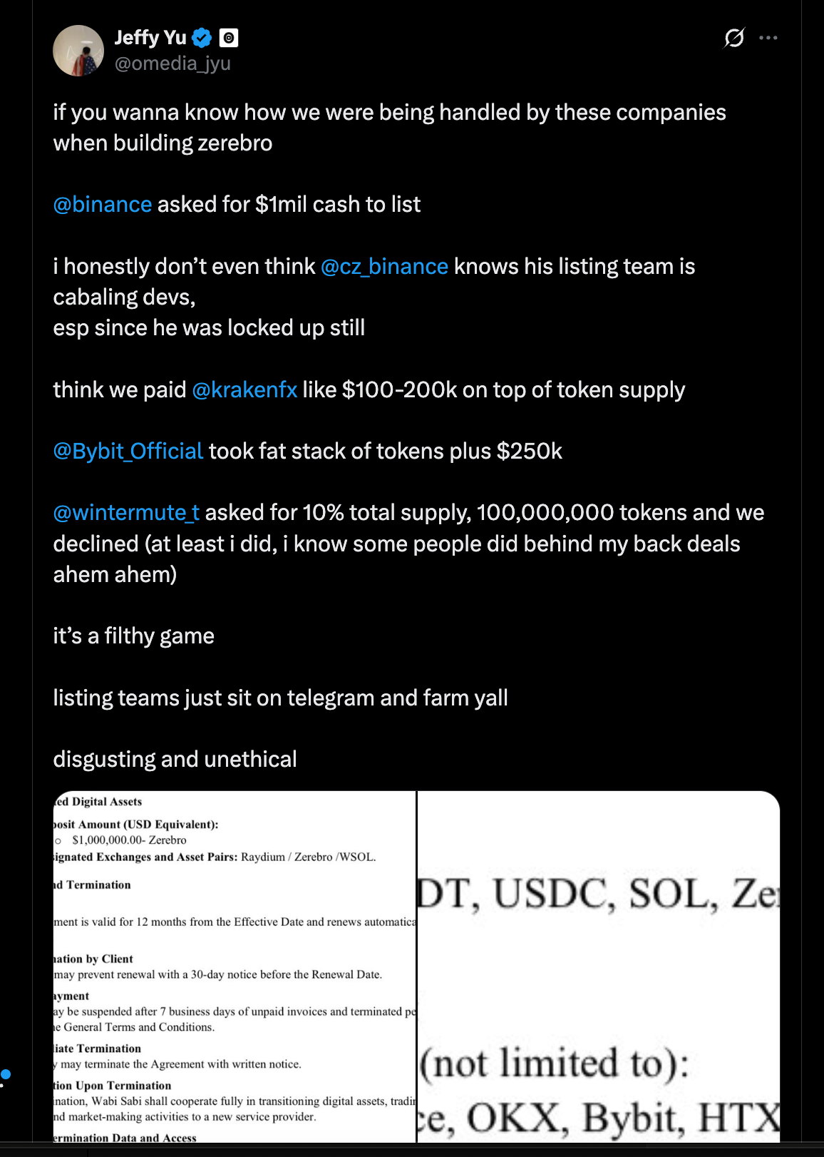 O Media CEO Jeffy Yu alleging $1M Binance listing payment and other CEX asks