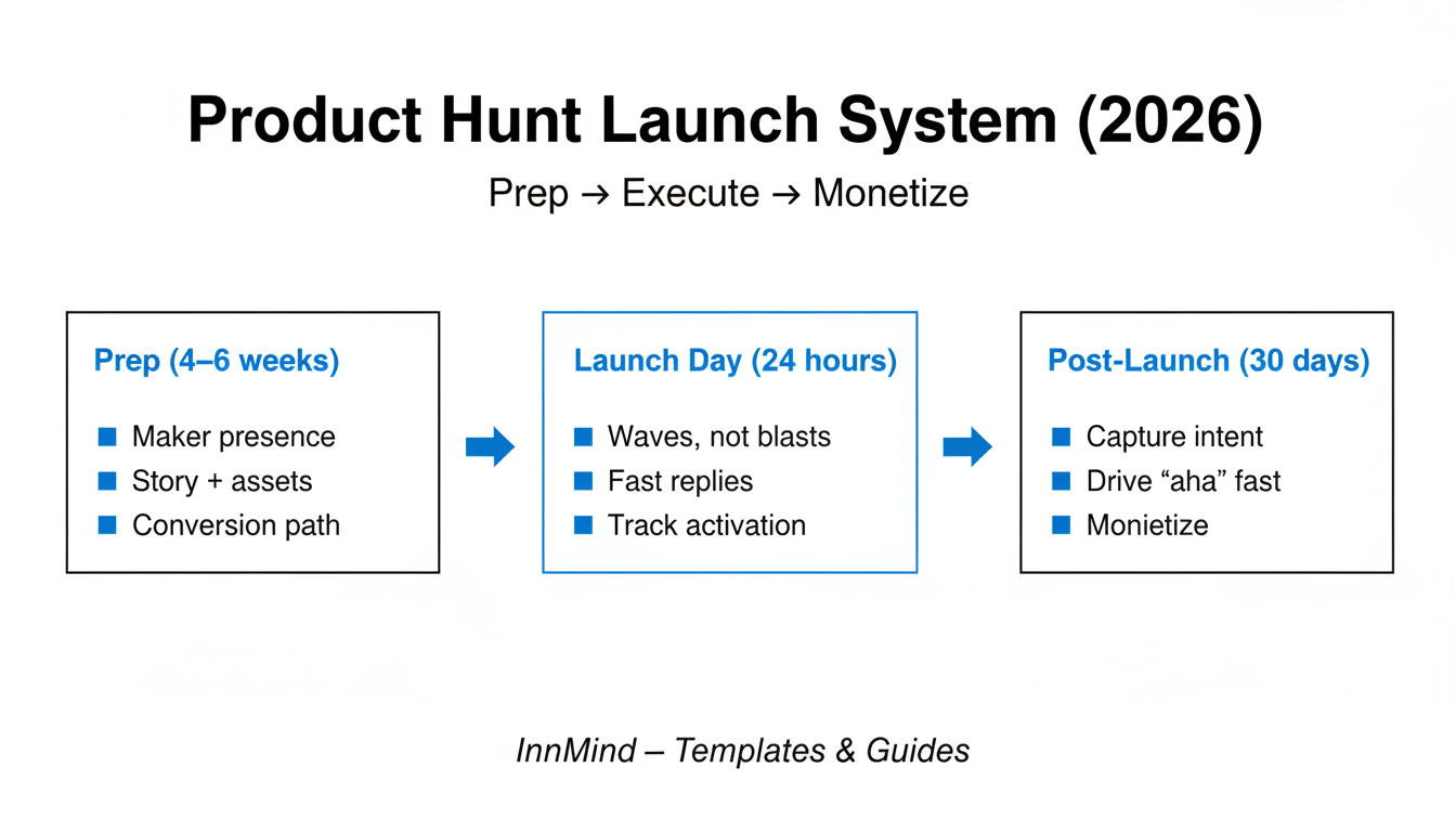 Product Hunt launch system for 2026: prep, launch day execution, and 30-day post-launch monetization