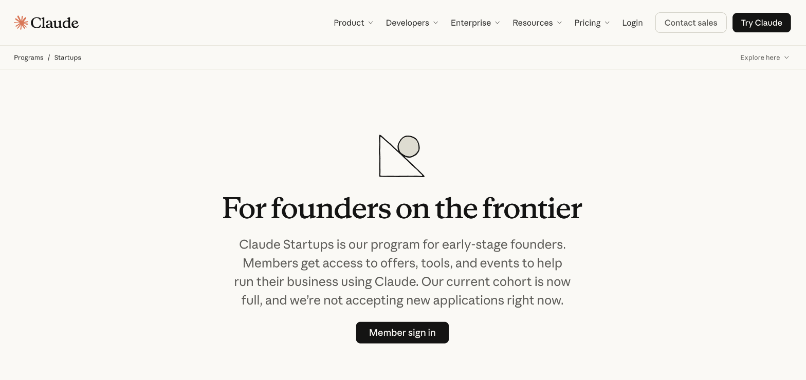 Anthropic's Claude for Startups page on claude.com saying the current cohort is full and it is not accepting new applications, October 2026
