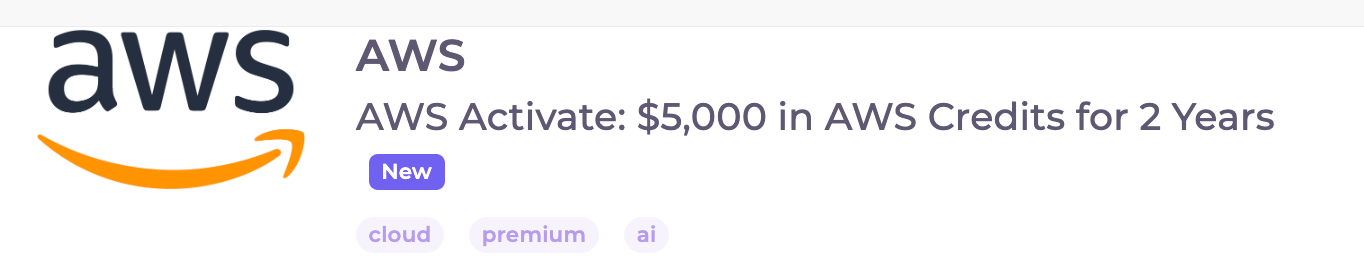 InnMind app perk card: AWS Activate, $5,000 in AWS credits for 2 years, included with every paid InnMind plan