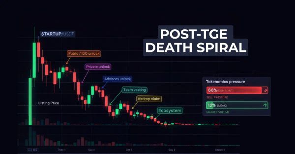 Crypto price chart after TGE showing a pump then multiple unlock-driven sell-offs and a drop below listing price.