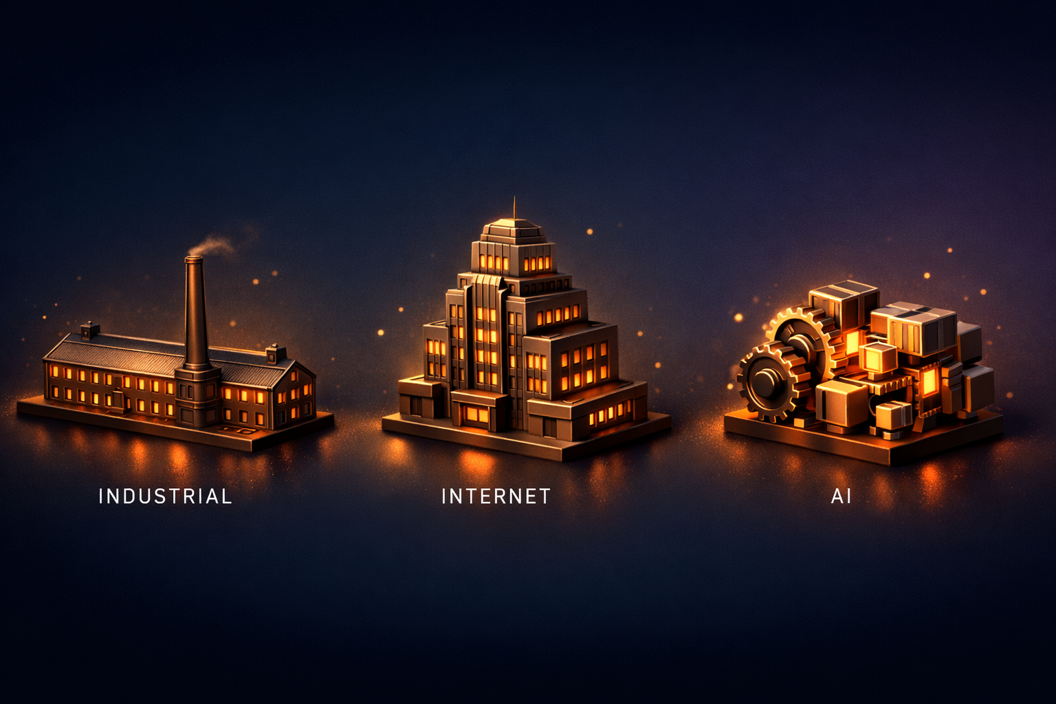 The shape of the most valuable companies, across three eras: industrial-era textile mill, internet-era office tower, and AI-era precision assembly