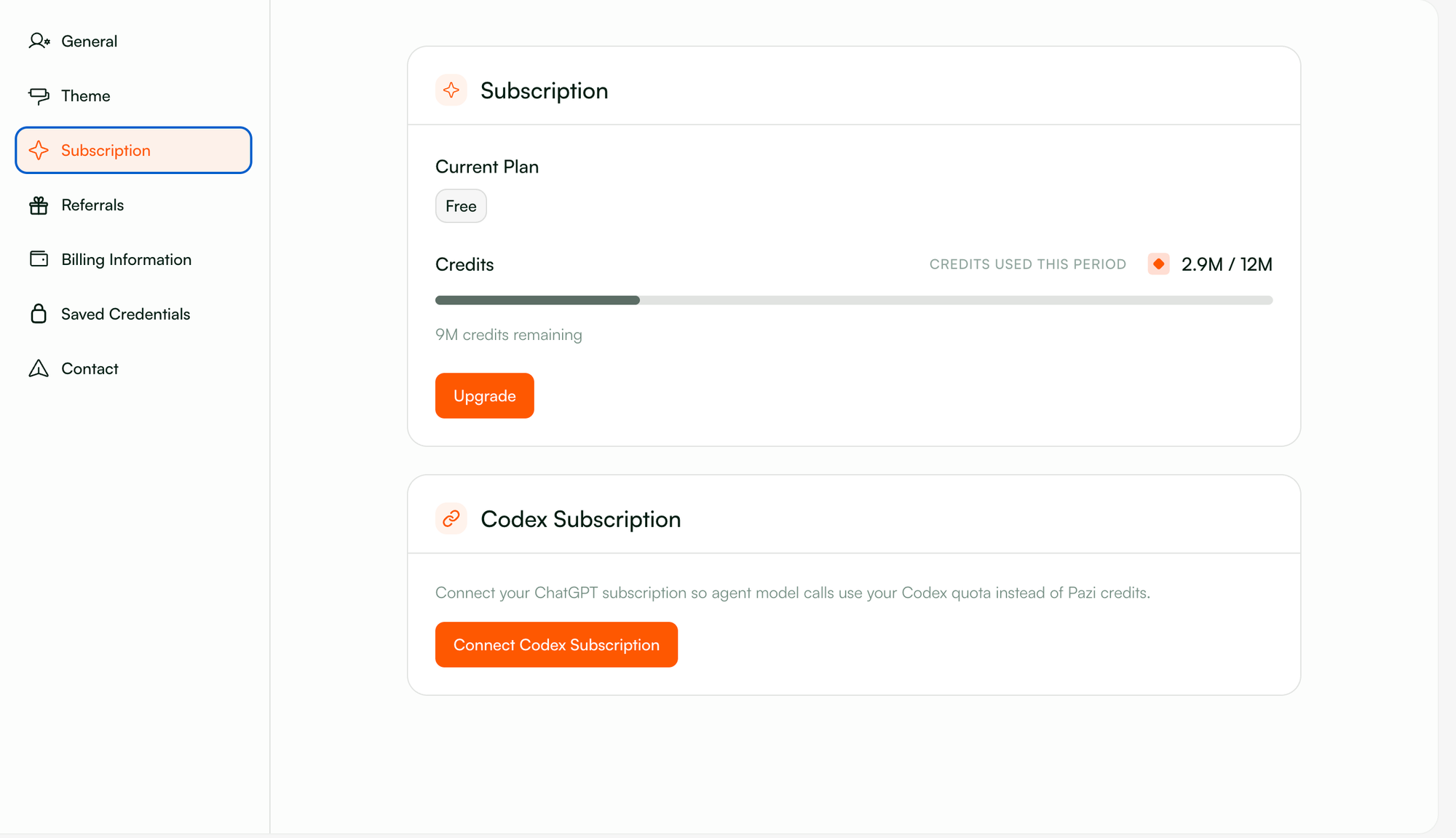 Subscription page in Pazi showing the Codex Subscription card
