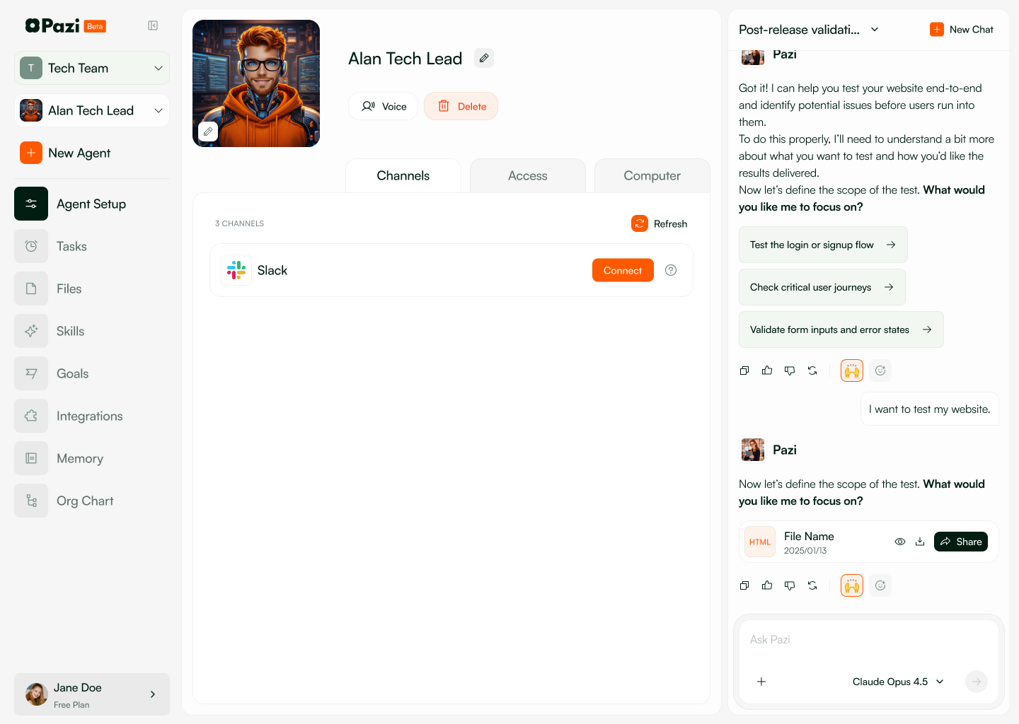 Pazi workspace: unified left sidebar, center panel with Agent Setup tabs, and docked right chat rail