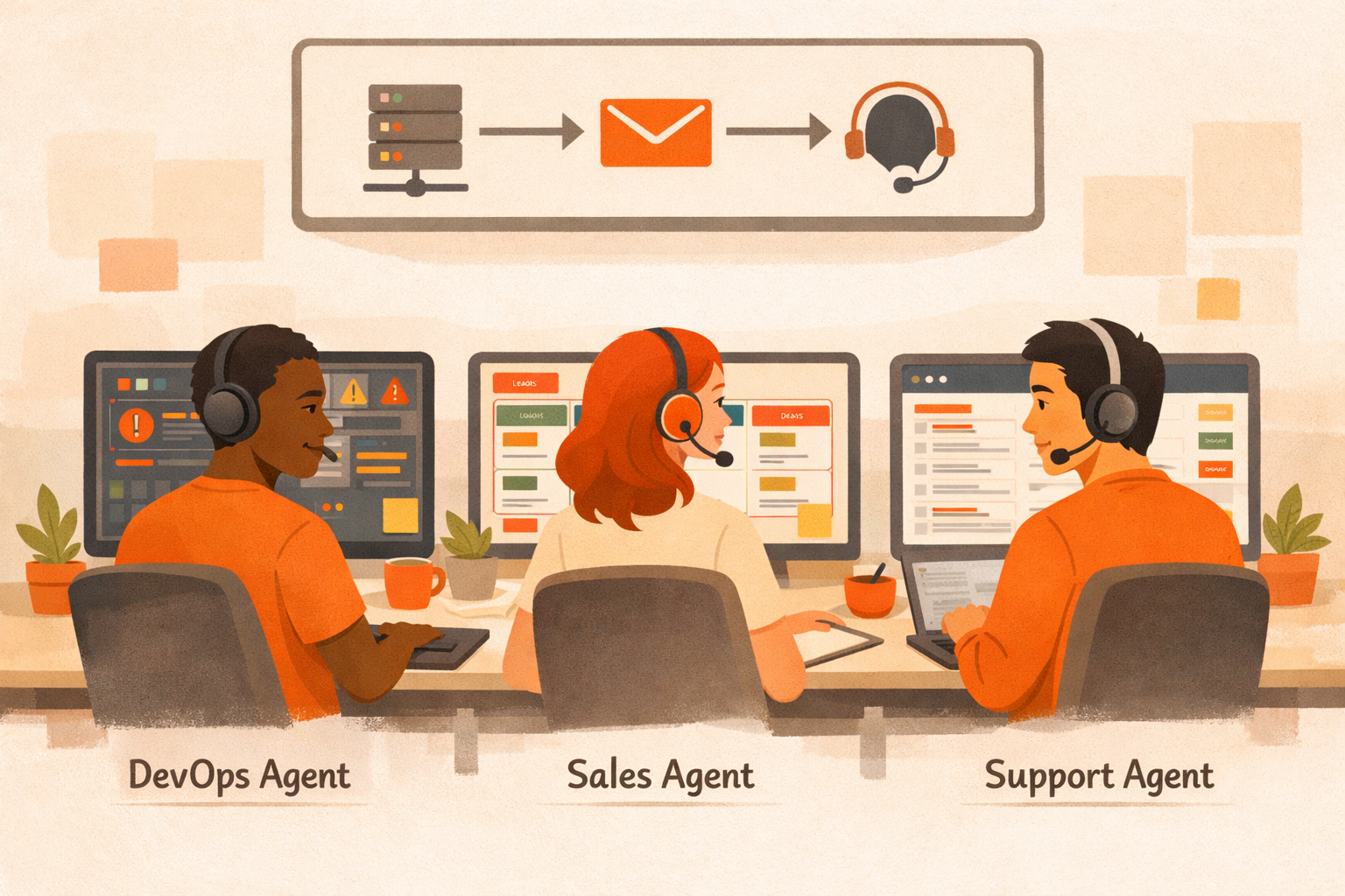 Pazi's illustration of an operations team running parallel multi-agent workflows across DevOps, sales, and support functions