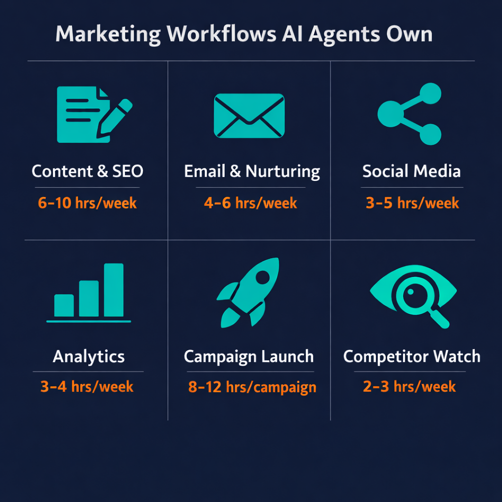 Pazi's six-workflow infographic: content production, email nurturing, social scheduling, analytics, campaign brief-to-launch, and competitive monitoring