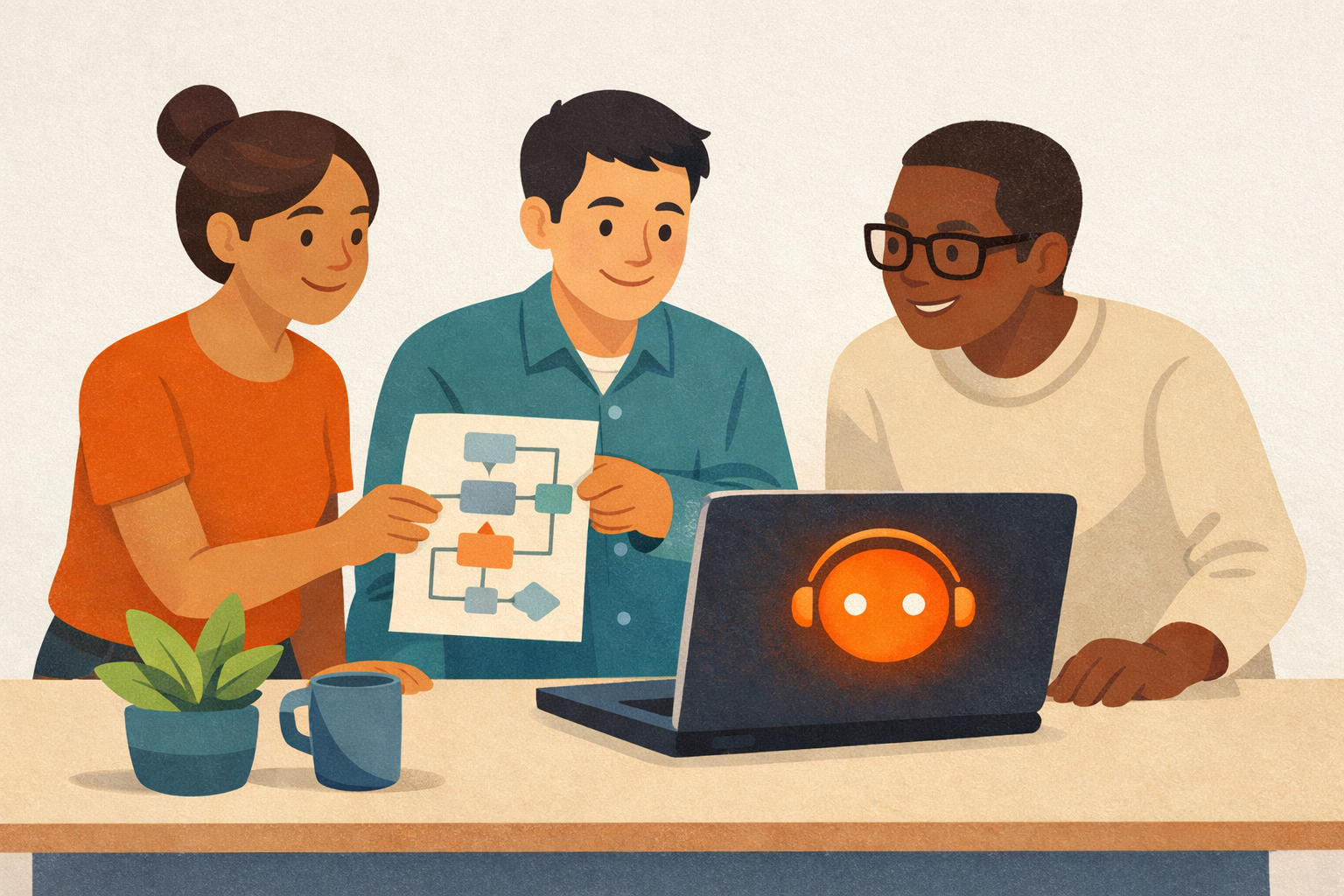 Pazi's illustration of a marketing team handing off a repetitive workflow to an AI agent