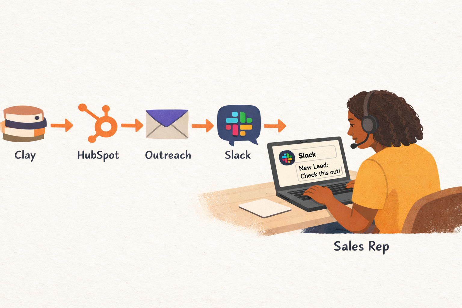 Pazi's named test case: Clay to HubSpot to Outreach to Slack to rep handoff for an inbound lead