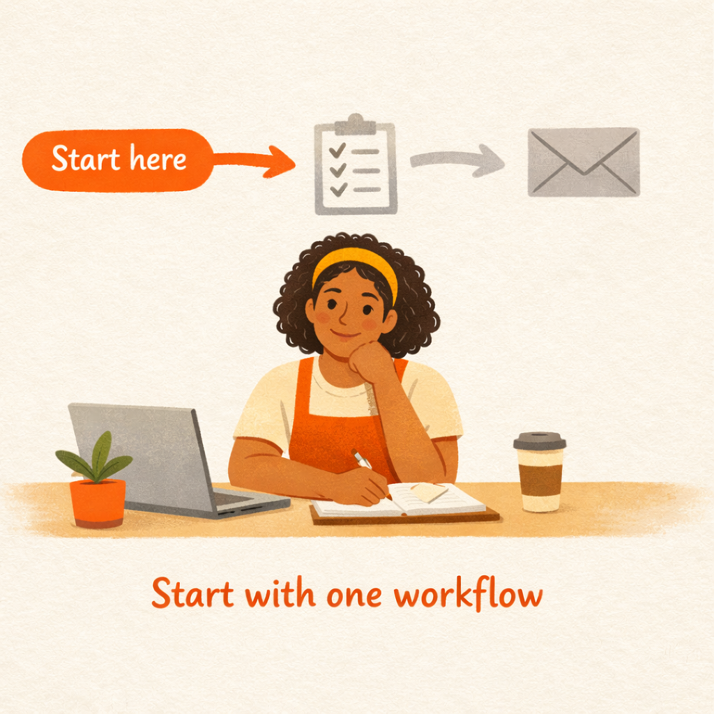 Pazi's illustration of a small business owner choosing one workflow to automate first