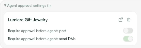 Pazi account approval controls showing posting approval off and direct-message approval on.