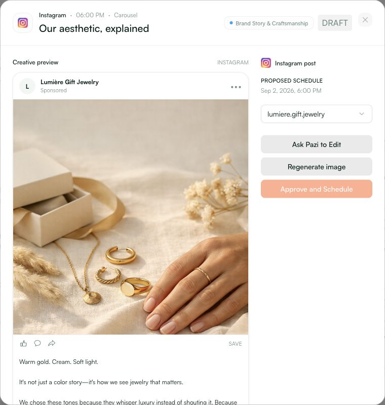 Pazi draft post preview with jewelry brand imagery, caption, editing and regeneration controls.
