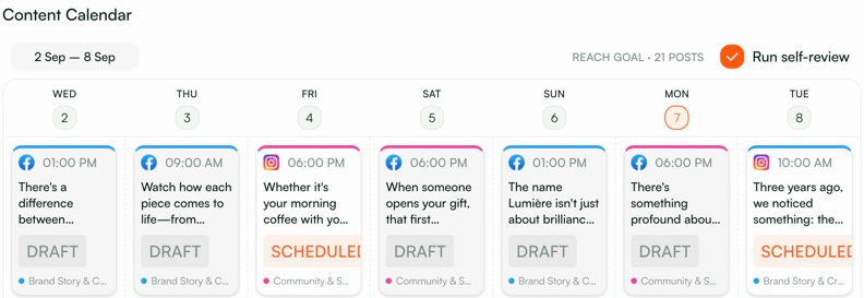 Pazi content calendar showing a week of Facebook and Instagram posts with Draft and Scheduled statuses.