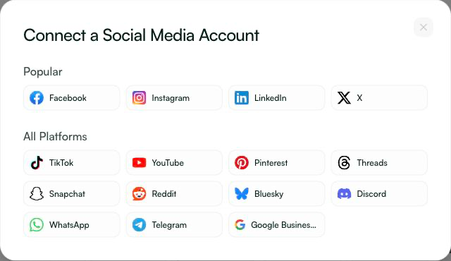 Pazi social platform picker listing Facebook, Instagram, LinkedIn, X and eleven additional platforms.