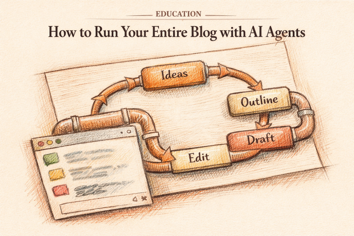 Pazi's autonomous blog pipeline: editorial illustration showing the signal sourcing, calendar, drafting, and publishing system Pazi uses to publish five posts a week