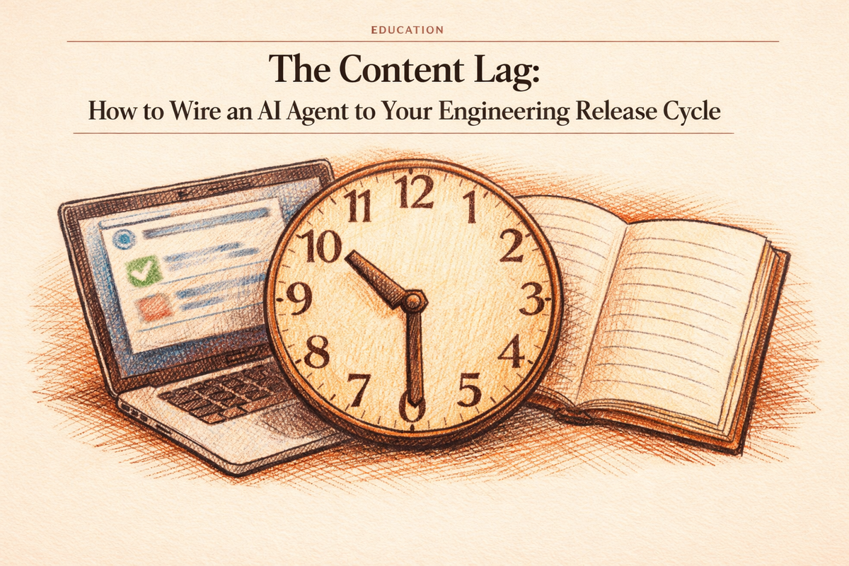 The Content Lag: How to Wire an AI Agent to Your Engineering Release Cycle — hero illustration showing a laptop, clock, and notebook representing the engineering-to-marketing timing gap